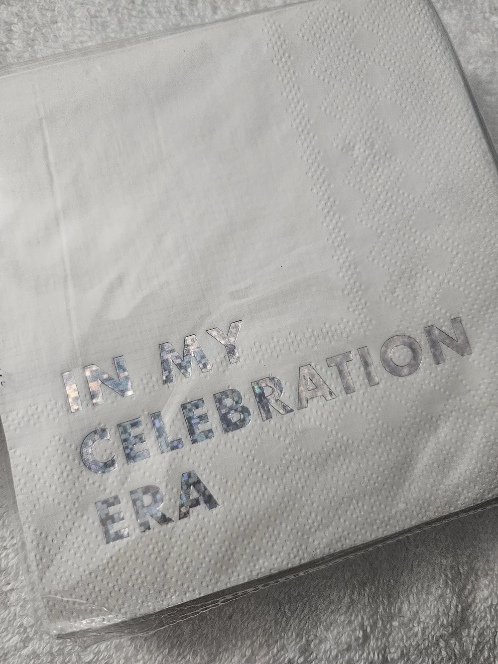Spritz White Party Napkins with Holographic Silver Text 'In My Celebration Era'